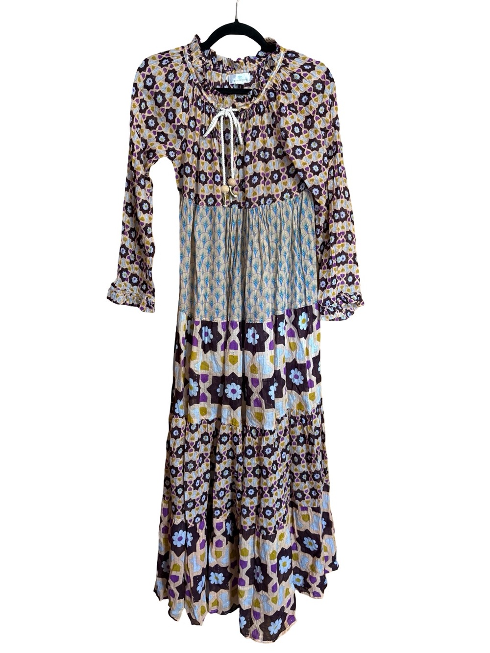 Guadalupe Cotton Patchwork Floral Gold Metallic Long Sleeve Maxi Dress Small